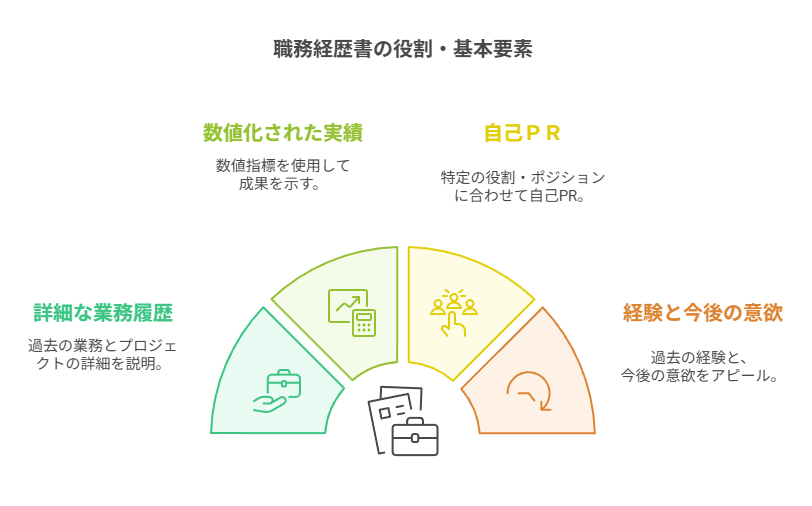 職務経歴書の役割と基本要素（数値化された実績、カスタマイズされたアプローチ、詳細な業務履歴、経験と未来の貢献）