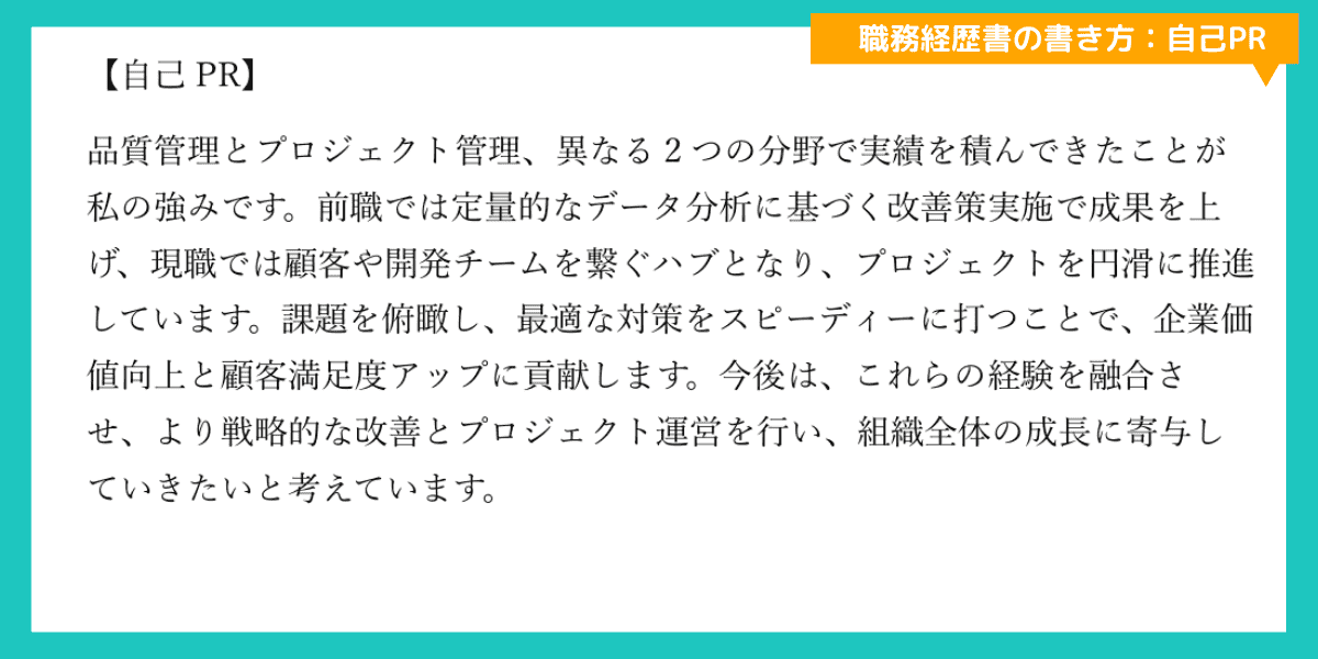 実績・成果欄で数値的成果（不良率削減、顧客対応短縮）やプロジェクト成功事例などを記載したサンプルイメージ